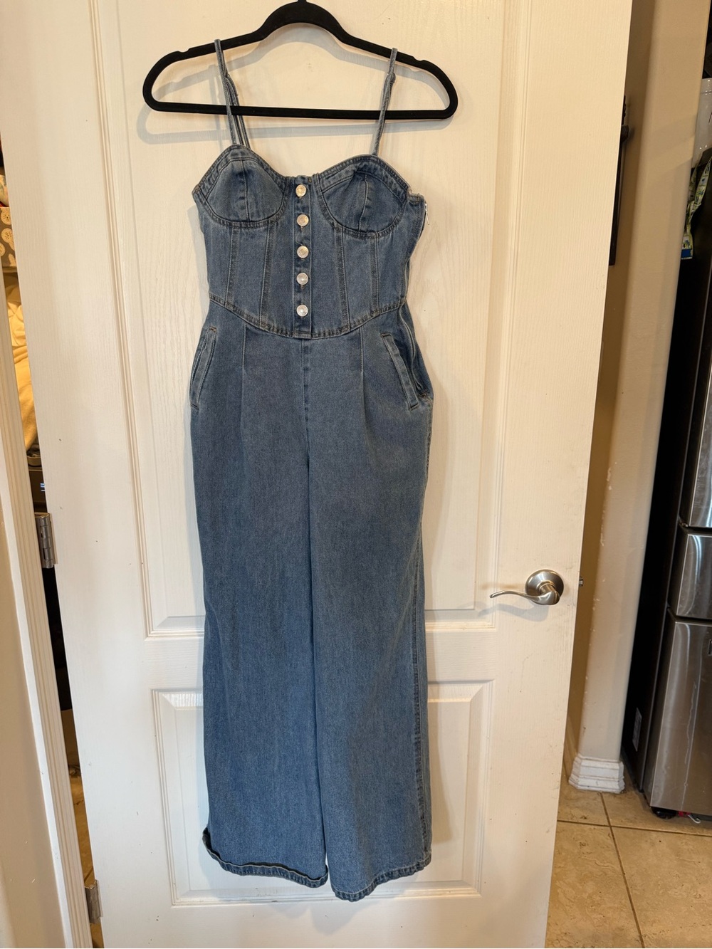 Forever 21 Denim Bustier Cami Wide leg blue jean Jumpsuit size extra small XS